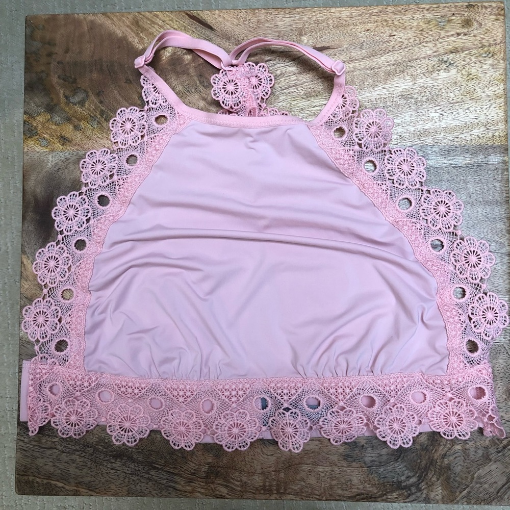 AERIE BUBBLEGUM PINK LACE TRIM HALTER NECK BRALETTE